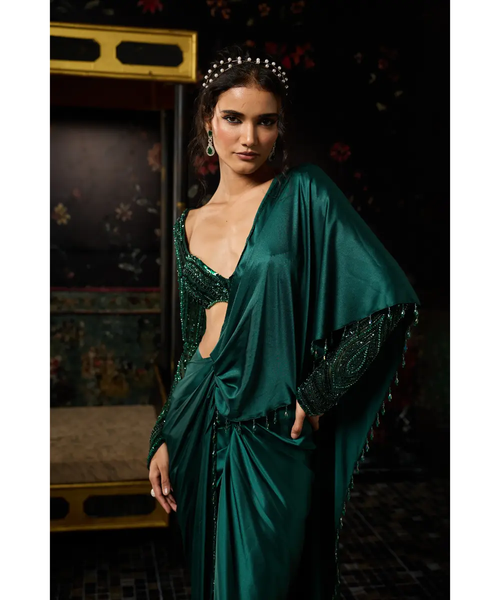 DIYARAJVVIR - EMERALD GREEN EMBELLISHED DHOTI SKIRT SAREE SET